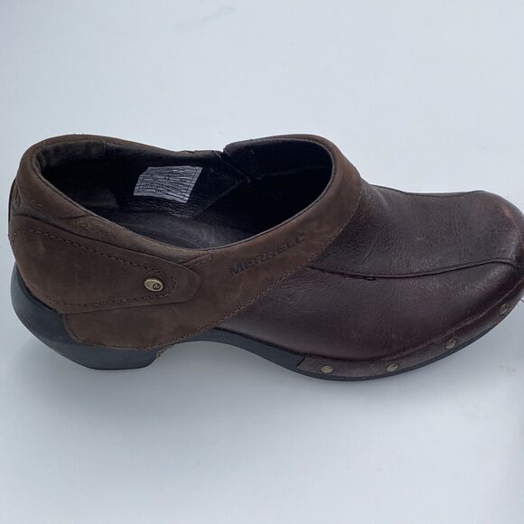 Merrell Luxe Wrap Brown Leather Slip On Studded Wedge Clogs Shoes Womens 7 - Picture 5 of 13